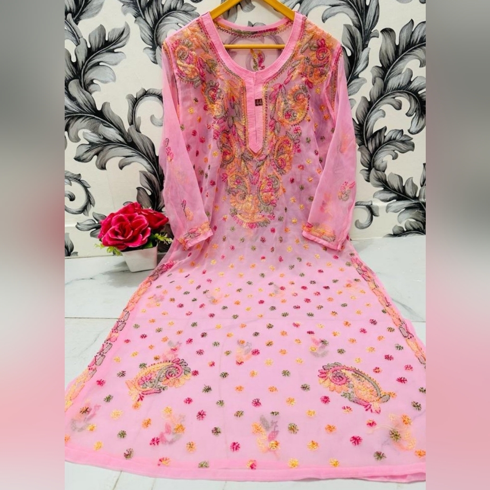 Chikankari multicolor pink kurta with free inner